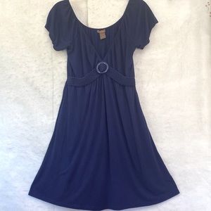 So Sik Navy Blue V Neck Soft Street Length Dress